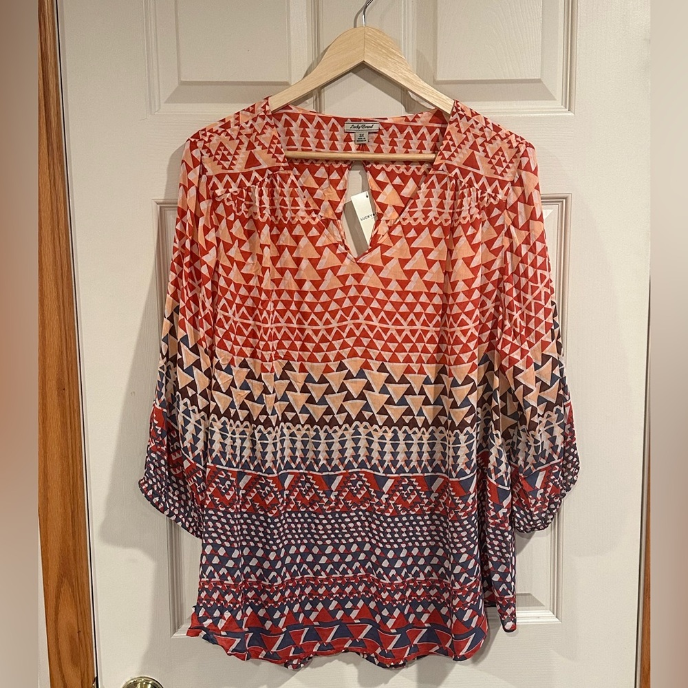 NWT Lucky Brand Geometric Boho Flowy Peasant Blouse V-Neck 3X